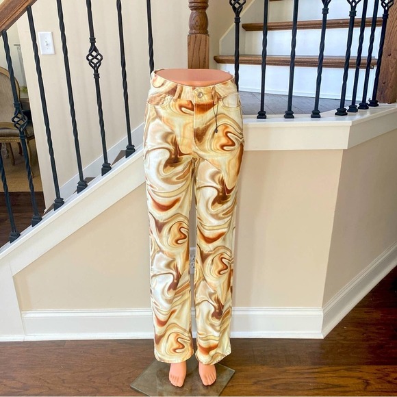 NWT ZARA Mid Rise Straight Leg Brown Swirl Jeans, size 0 - Picture 3 of 13